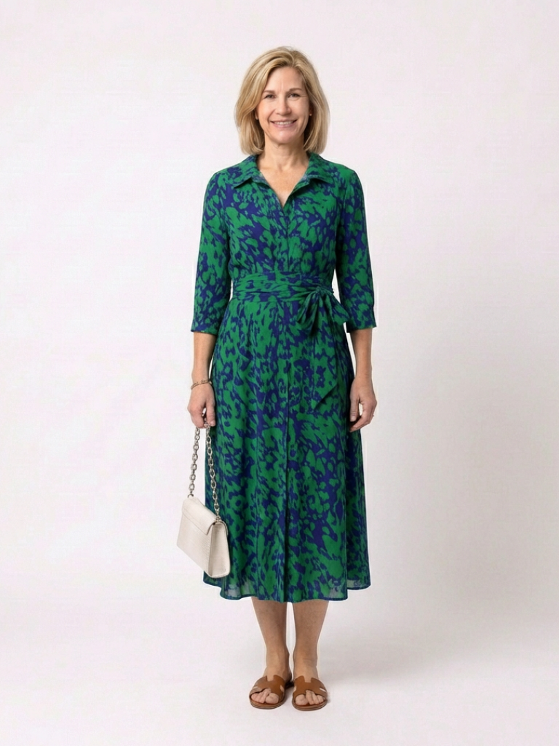 Oriana | Midi-Kleid mit Kragen, langen Ärmeln und Taillengürtel