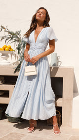 Yara | Damen V-Ausschnitt Maxi-Kleid mit Knöpfen