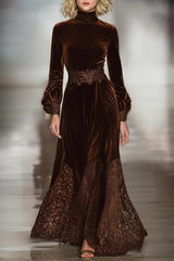 Samt Maxi-Kleid mit Spitzen-Patchwork und Ballonärmeln