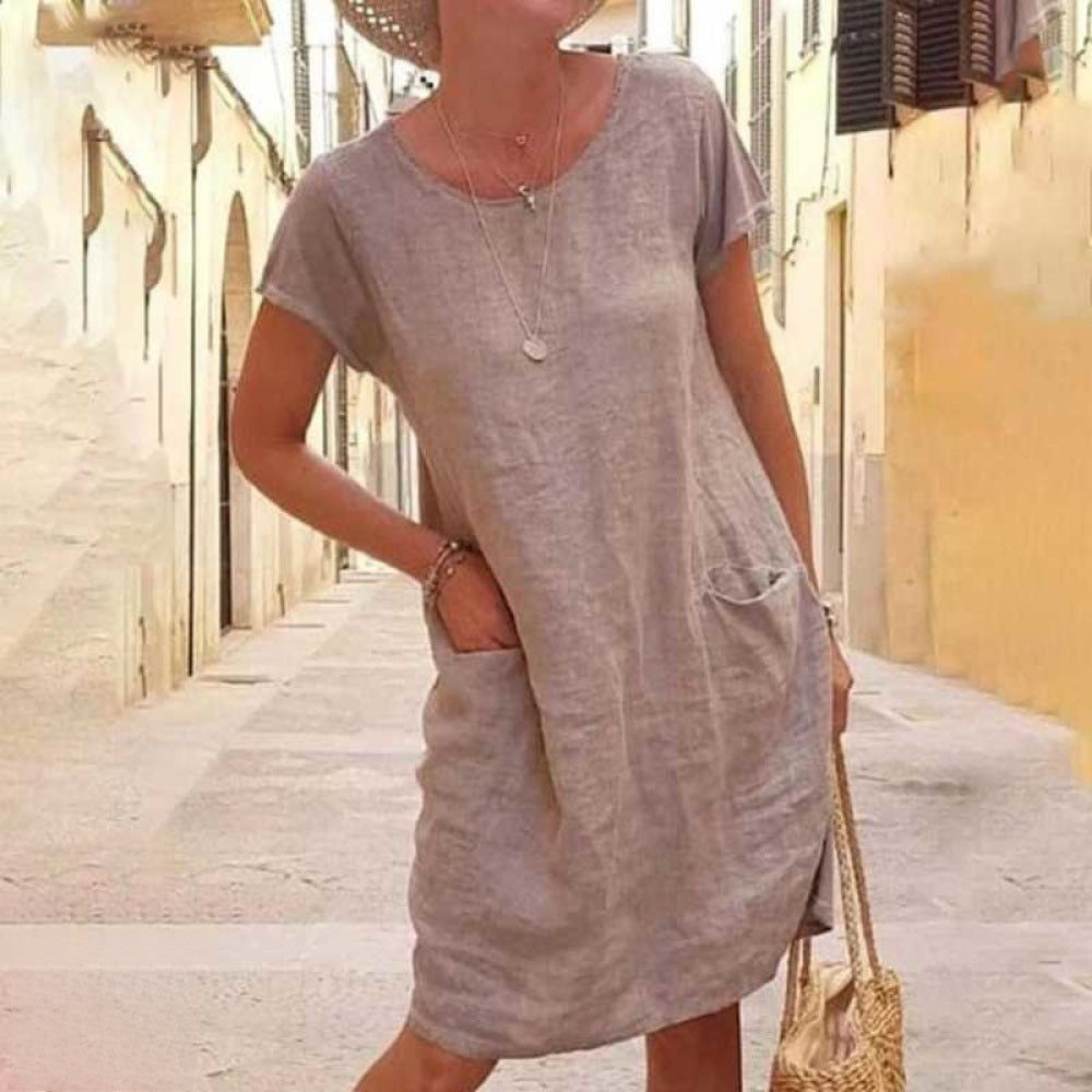 Edith | Damen-Minikleid mit Rundhalsausschnitt, kurzen Ärmeln und Taschen