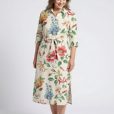 Maribel | Knopf-Front Halbarm Blumen-Midi-Kleid