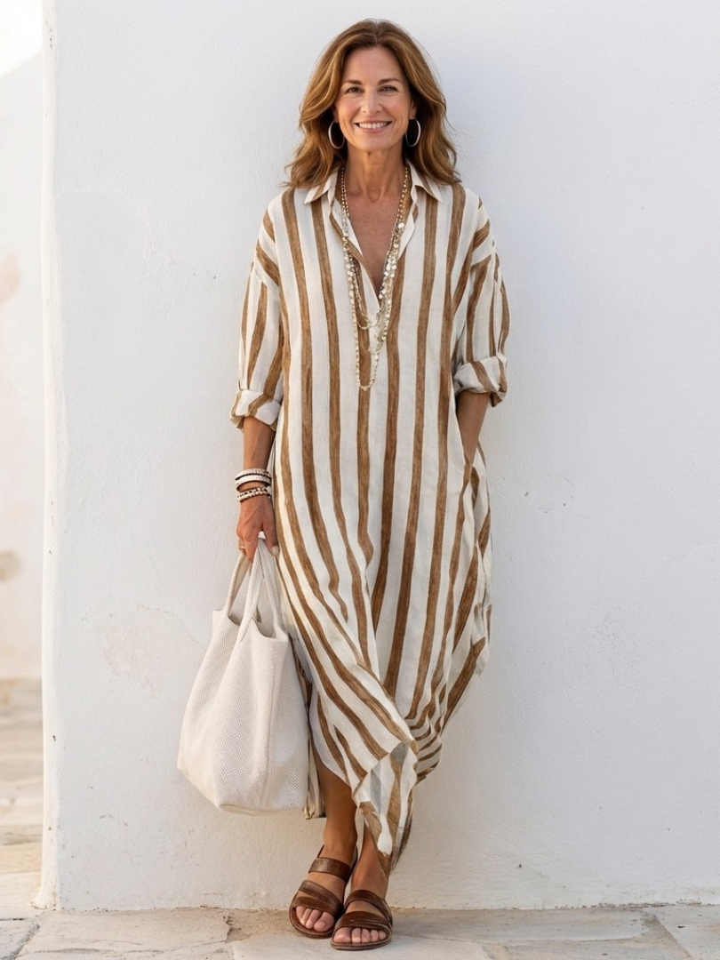 Naomi | Langärmliges gestreiftes Midi-Hemdkleid