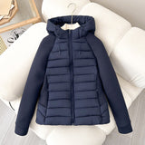 Damen leichte Hybrid-Steppjacke mit Kapuze und elastischen Ärmelpaneelen