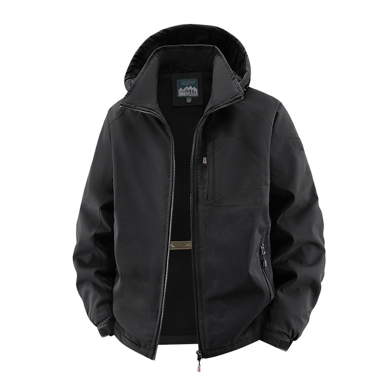 Herren Softshelljacke im Tactical-Stil mit versteckter Kapuze und Brusttasche