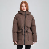 Damen mittellanger Thermoparka mit taillierendem Tunnelzug und Kapuze