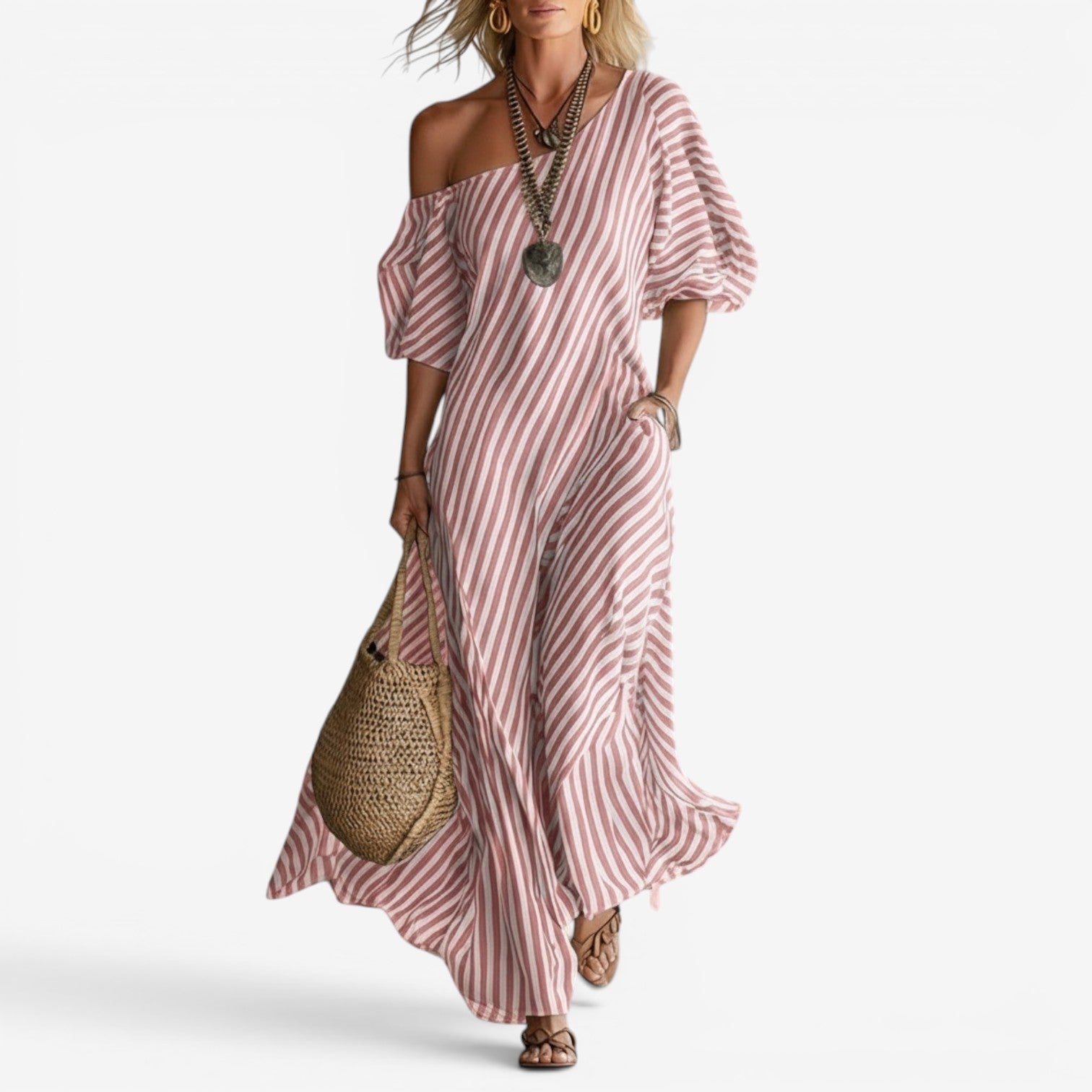 Inoni | Damen Off-Shoulder Gestreiftes Maxikleid