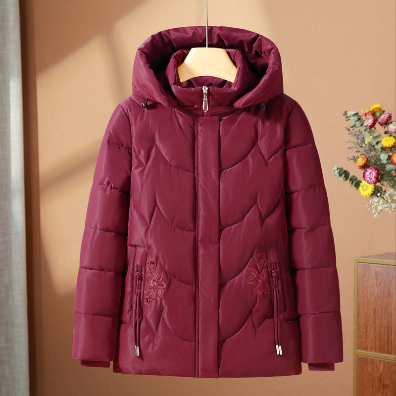 Damen gesteppte Thermo-Outdoorjacke mit Kapuze und Blumenstickerei