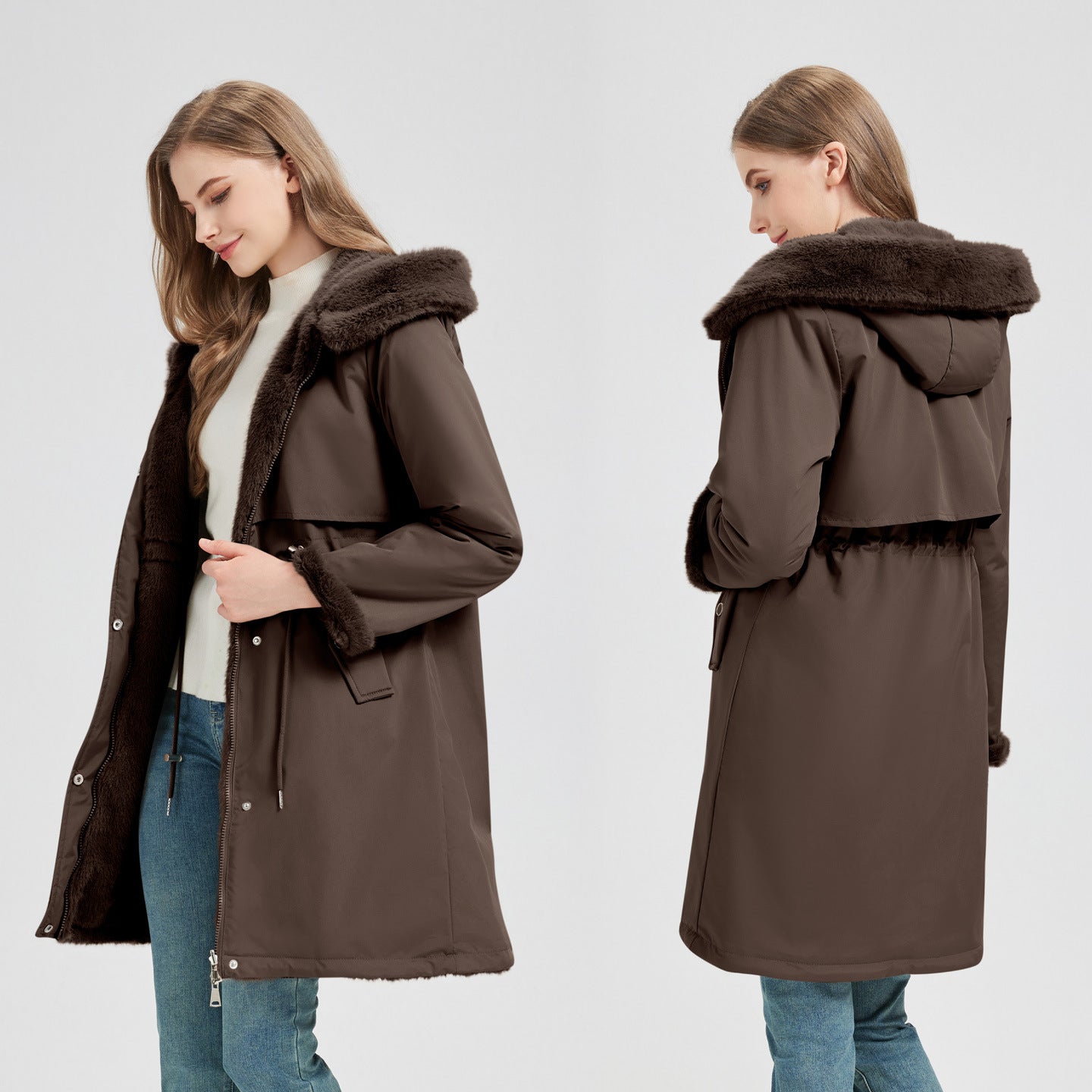 Damen langer Parka mit abnehmbarer Kapuze und taillenverstellbarem Kordelzug