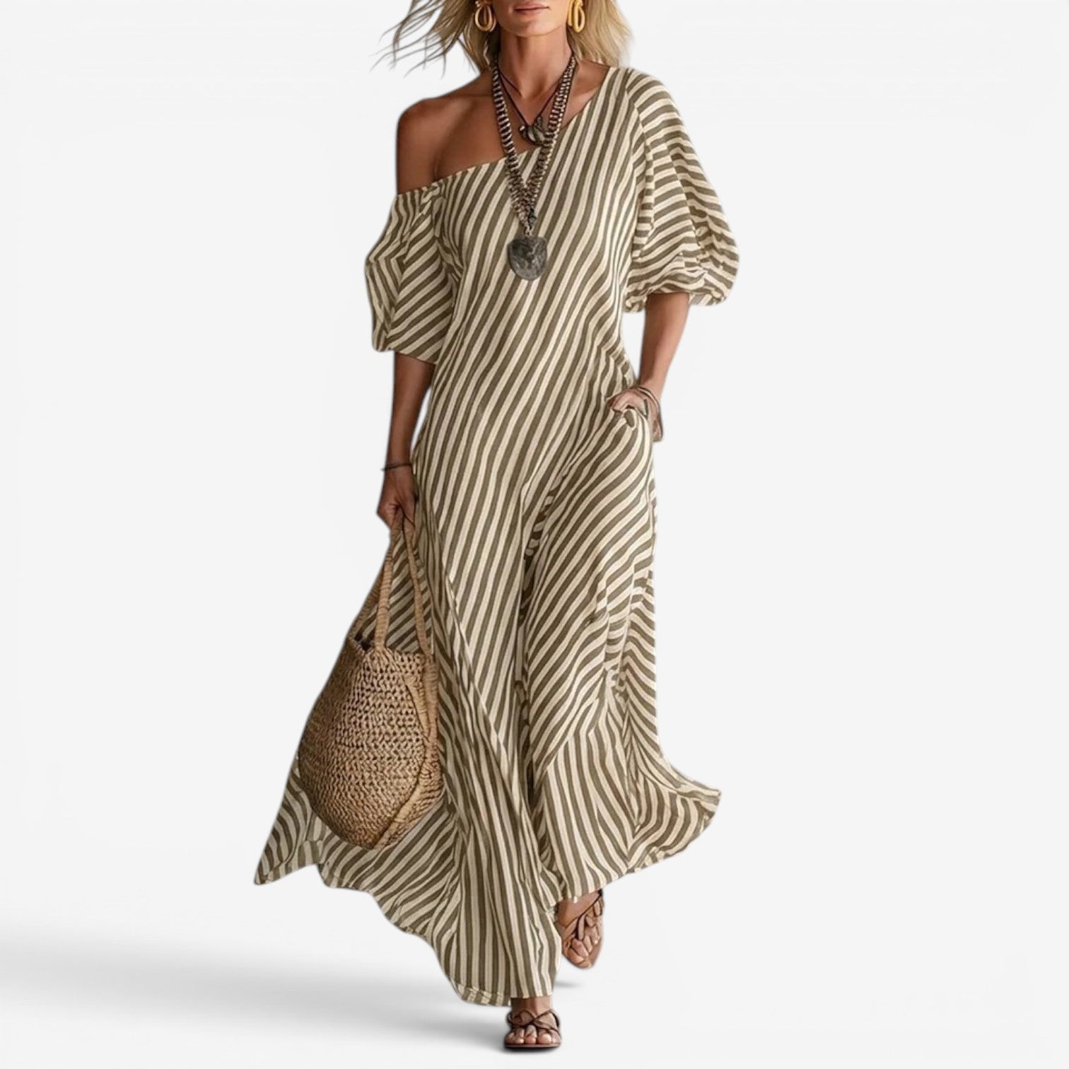 Inoni | Damen Off-Shoulder Gestreiftes Maxikleid