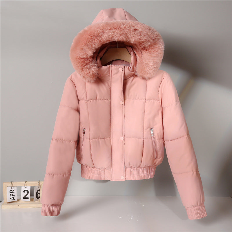 Damen kurzes wattiertes Kapuzenblouson mit Kunstfellkragen