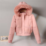 Damen kurzes wattiertes Kapuzenblouson mit Kunstfellkragen