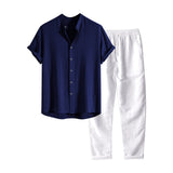Herren Stehkragen Kurzarm Hemd & Hose mit Kordelzug Set