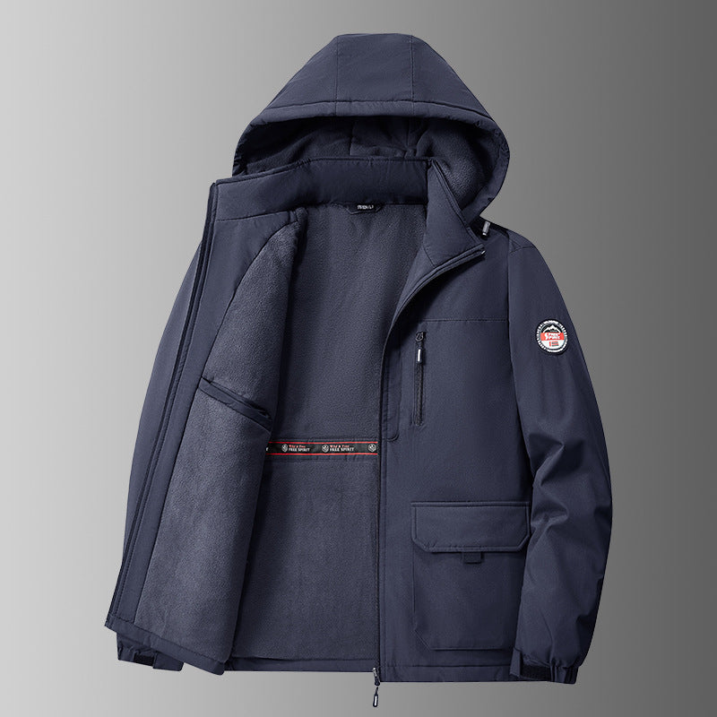 Herren gefütterte Softshell-Winterjacke mit Kapuze und Multifunktionstaschen