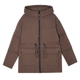 Damen mittellanger Thermoparka mit taillierendem Tunnelzug und Kapuze