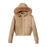 Damen kurzes wattiertes Kapuzenblouson mit Kunstfellkragen