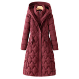 Damen langer gesteppter Wintermantel mit Kapuze und taillierter Silhouette