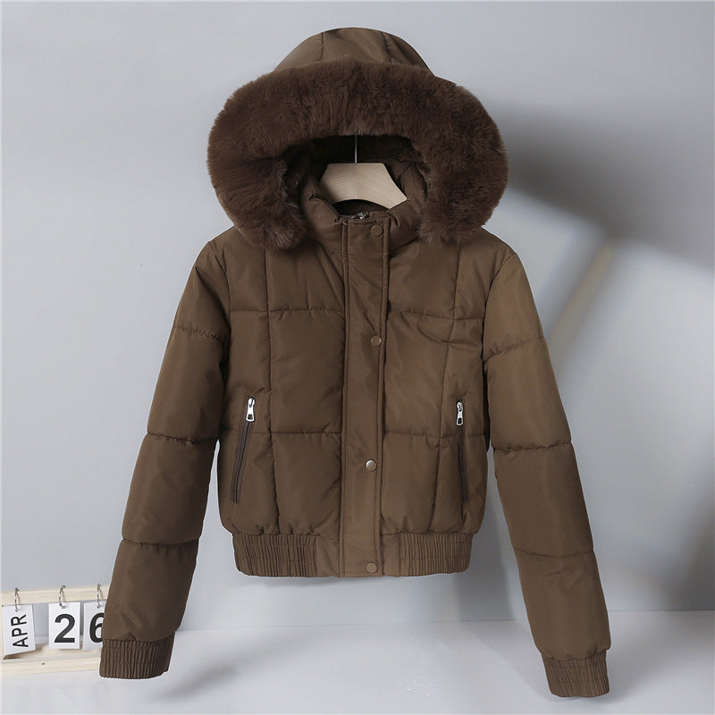 Damen kurzes wattiertes Kapuzenblouson mit Kunstfellkragen