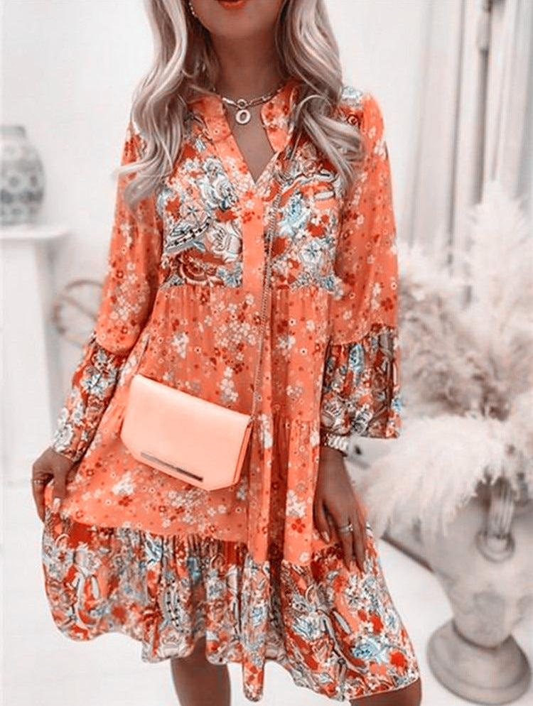 V-Ausschnitt Floral A-Linie Kleid mit 3/4 Ärmeln, Oberschenkellänge