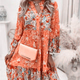V-Ausschnitt Floral A-Linie Kleid mit 3/4 Ärmeln, Oberschenkellänge