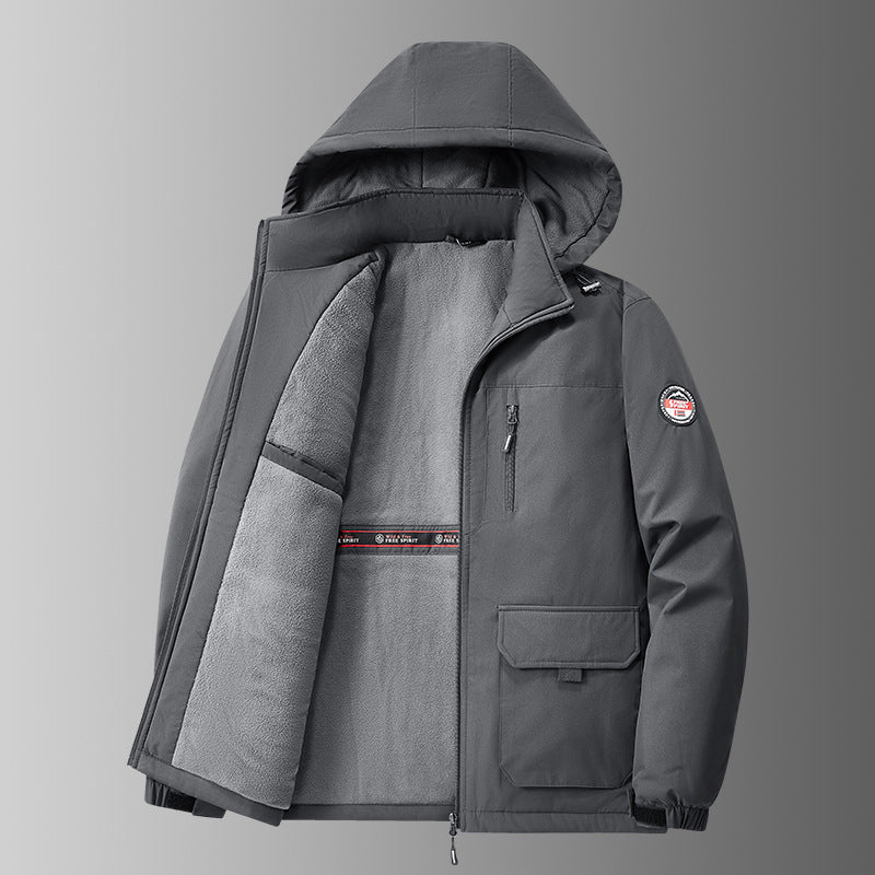 Herren gefütterte Softshell-Winterjacke mit Kapuze und Multifunktionstaschen