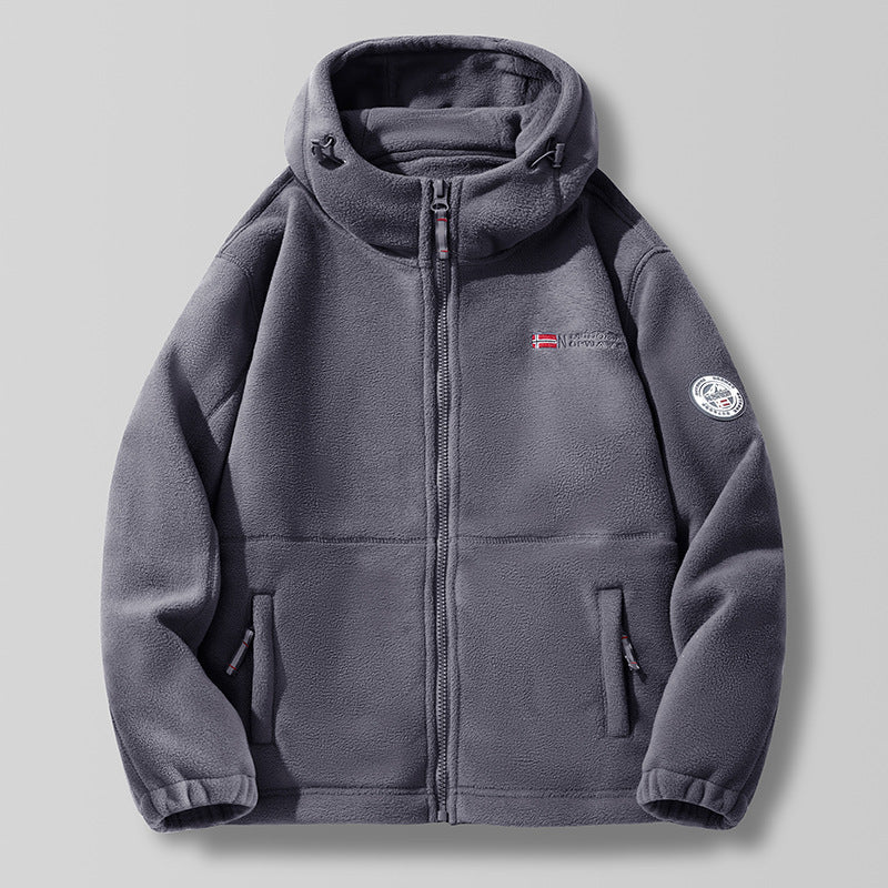 Herren Kapuzen-Fleecejacke mit hohem Haubenkragen und Reißverschluss
