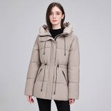 Damen wattierter Kapuzenparka mit taillierbarem Kordelzug und Rippbündchen