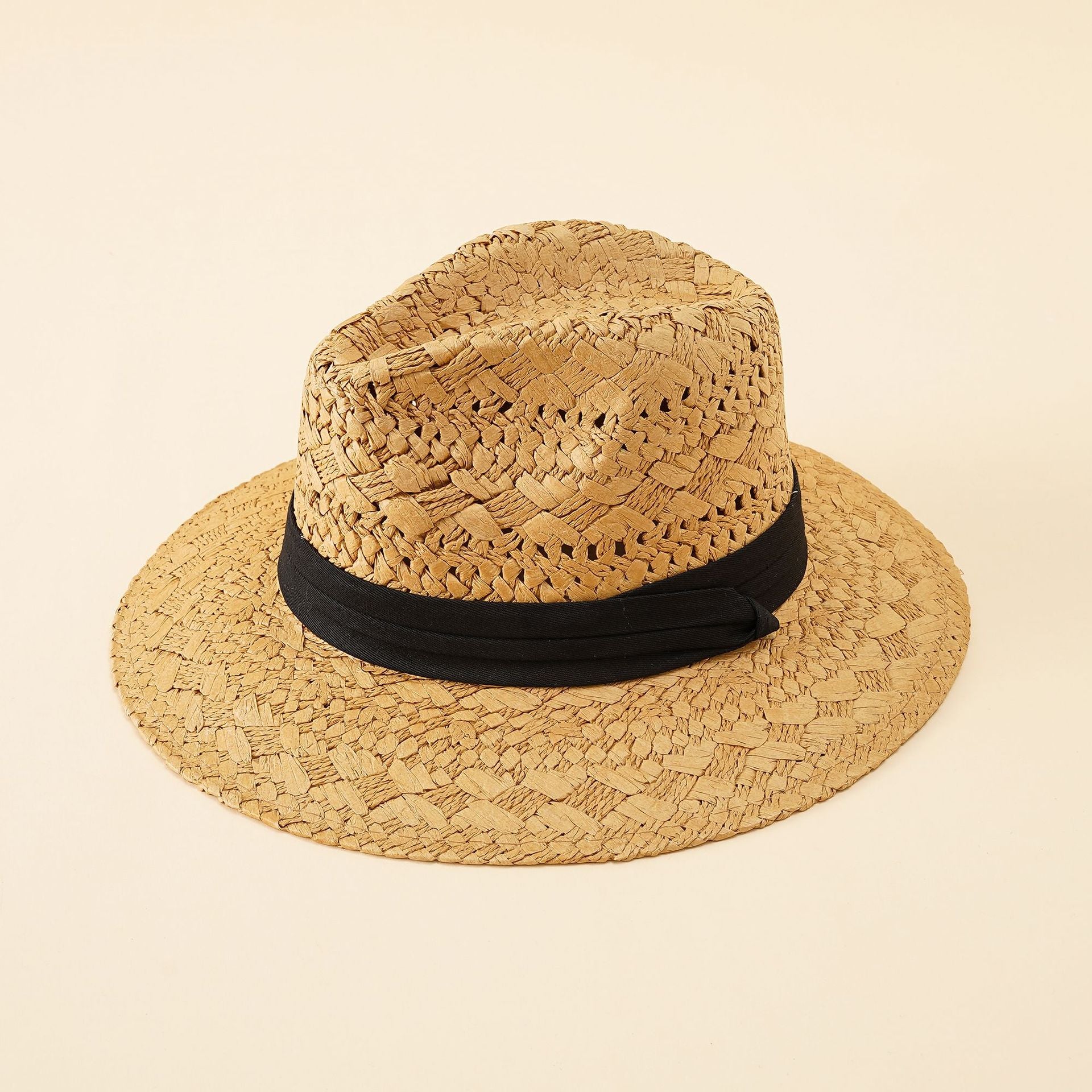 Damen Strohhut im Fedora-Stil mit breiter Krempe und elegantem Band