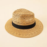 Damen Strohhut im Fedora-Stil mit breiter Krempe und elegantem Band