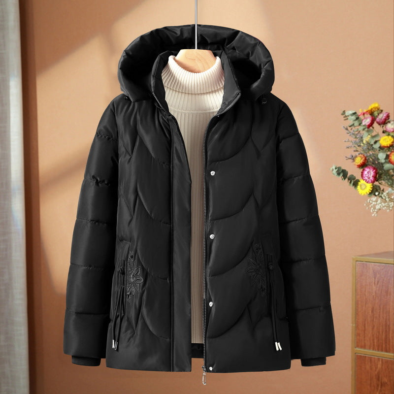 Damen gesteppte Thermo-Outdoorjacke mit Kapuze und Blumenstickerei