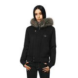 Damen kurze Bomberjacke mit voluminöser Kapuze und Daumenlochbündchen