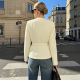 Gesa | Damen Blazer mit Rundhalsausschnitt, langen Ärmeln, Gürtel und Taschen