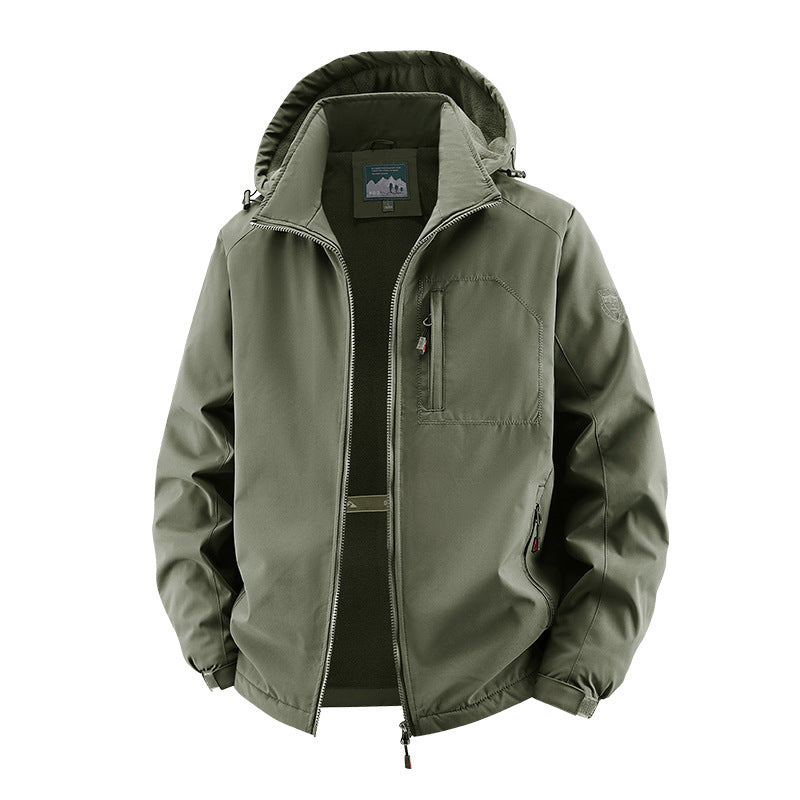 Herren Softshelljacke im Tactical-Stil mit versteckter Kapuze und Brusttasche