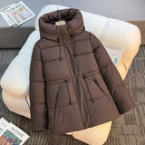 Damen kurze wattierte Kapuzenjacke mit hohem Stehkragen und Kordelzug