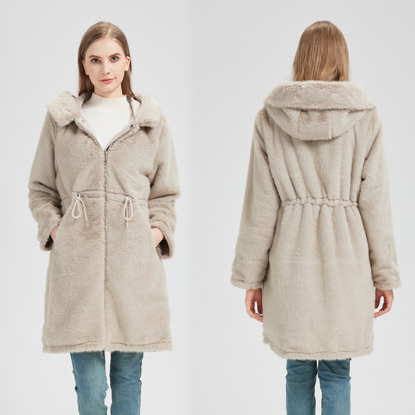 Damen langer Parka mit abnehmbarer Kapuze und taillenverstellbarem Kordelzug