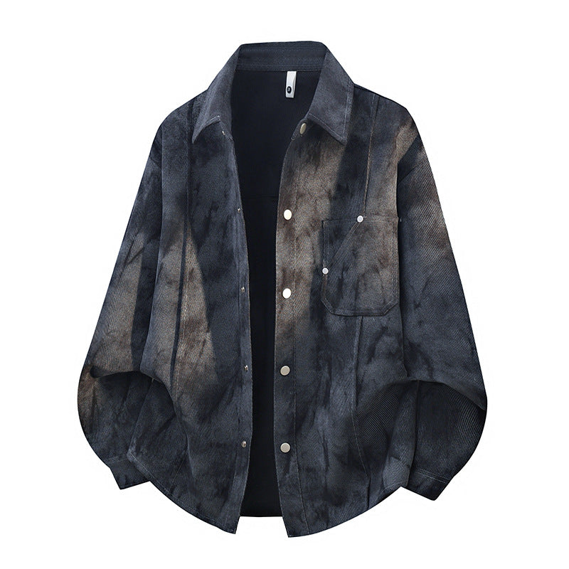 Herren Oversize-Cord-Workshirt im Batik-Look mit Druckknopfleiste