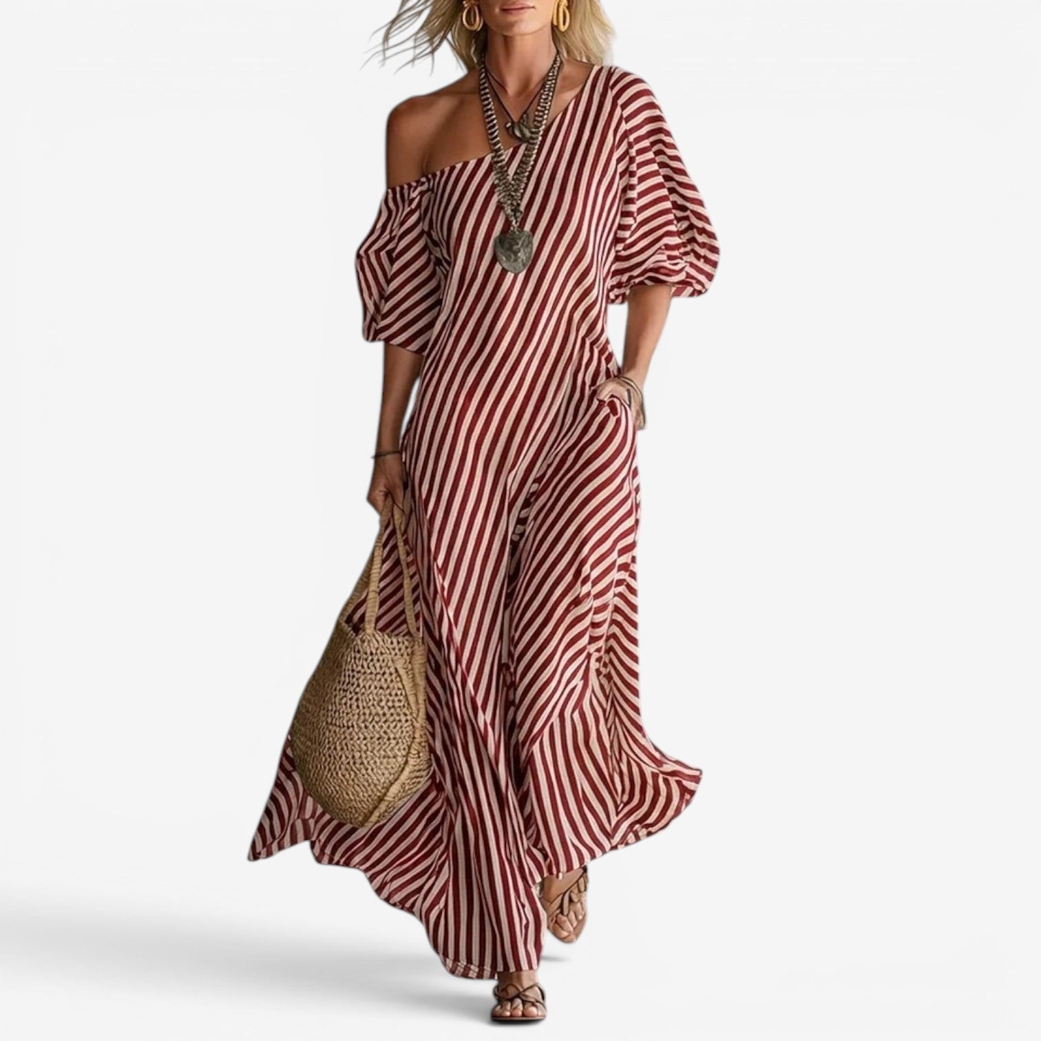 Inoni | Damen Off-Shoulder Gestreiftes Maxikleid