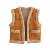 Damen Teddy-Weste mit Taschen und hohem Kragen