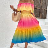 Damen Off-Shoulder Midi Kleid mit Rüsche