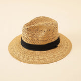 Damen Strohhut im Fedora-Stil mit breiter Krempe und elegantem Band