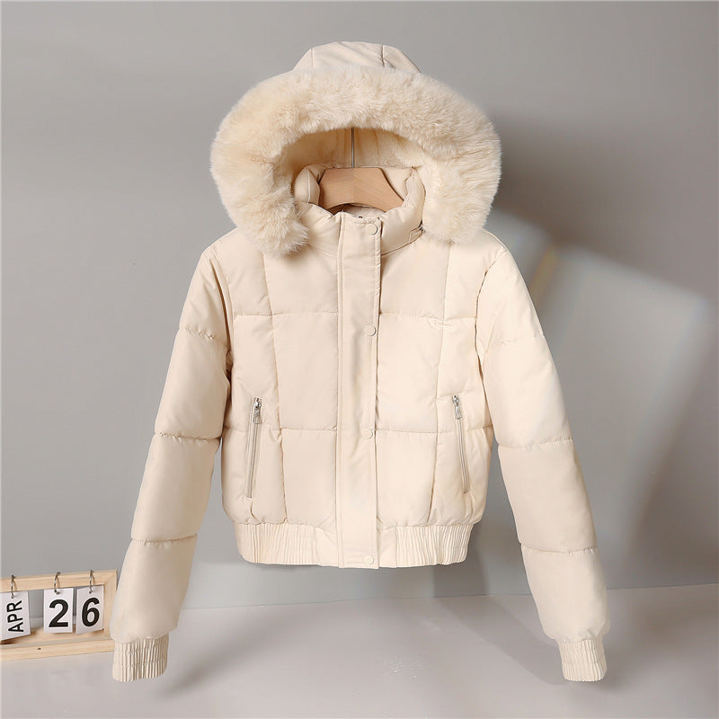 Damen kurzes wattiertes Kapuzenblouson mit Kunstfellkragen