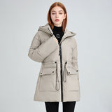 Damen mittellanger Thermoparka mit taillierendem Tunnelzug und Kapuze