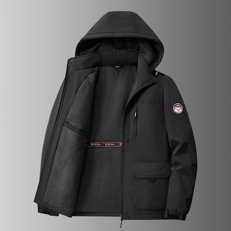 Herren gefütterte Softshell-Winterjacke mit Kapuze und Multifunktionstaschen