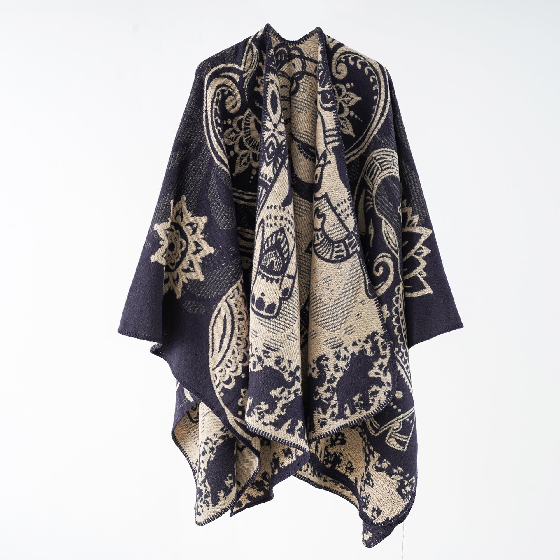Damen Poncho mit Blumenmuster und Fransen