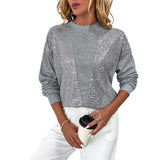 Damen Rundhals Langarm-Sweatshirt mit Pailletten