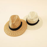 Damen Strohhut im Fedora-Stil mit breiter Krempe und elegantem Band