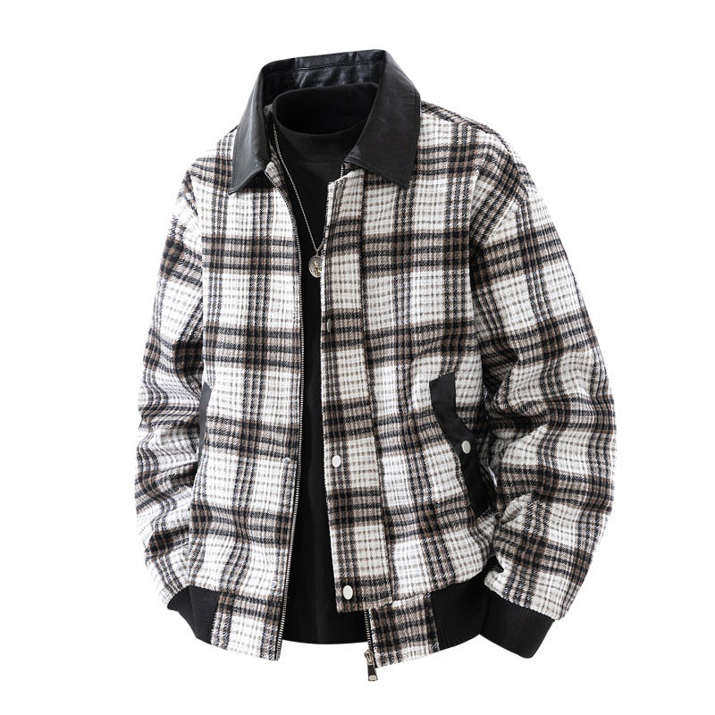Herren karierte Overshirt-Jacke mit Kunstlederkragen und warmem Innenfutter