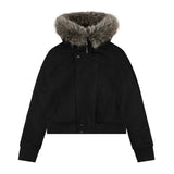 Damen kurze Bomberjacke mit voluminöser Kapuze und Daumenlochbündchen