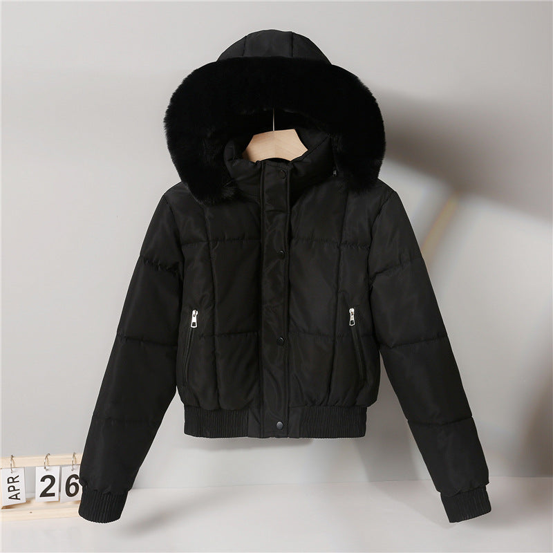 Damen kurzes wattiertes Kapuzenblouson mit Kunstfellkragen