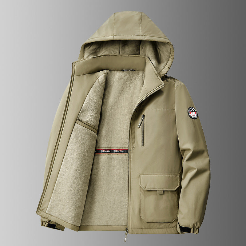 Herren gefütterte Softshell-Winterjacke mit Kapuze und Multifunktionstaschen