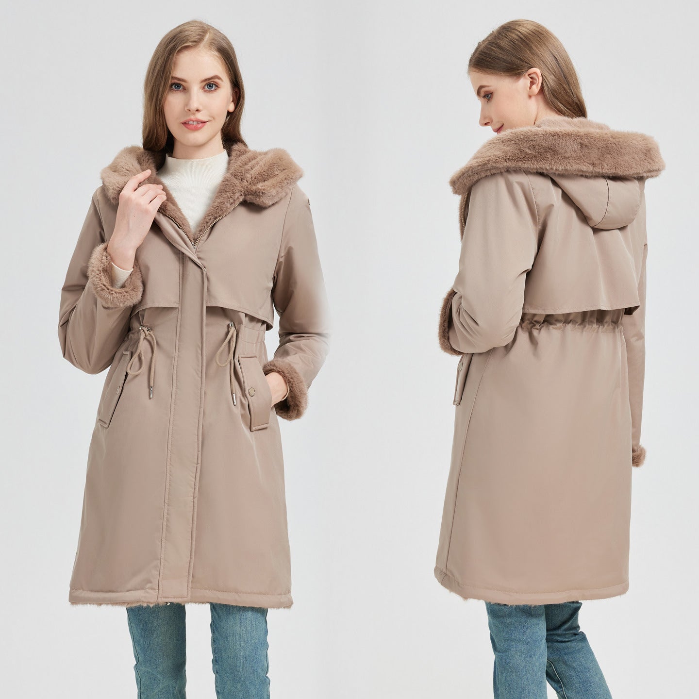 Damen langer Parka mit abnehmbarer Kapuze und taillenverstellbarem Kordelzug